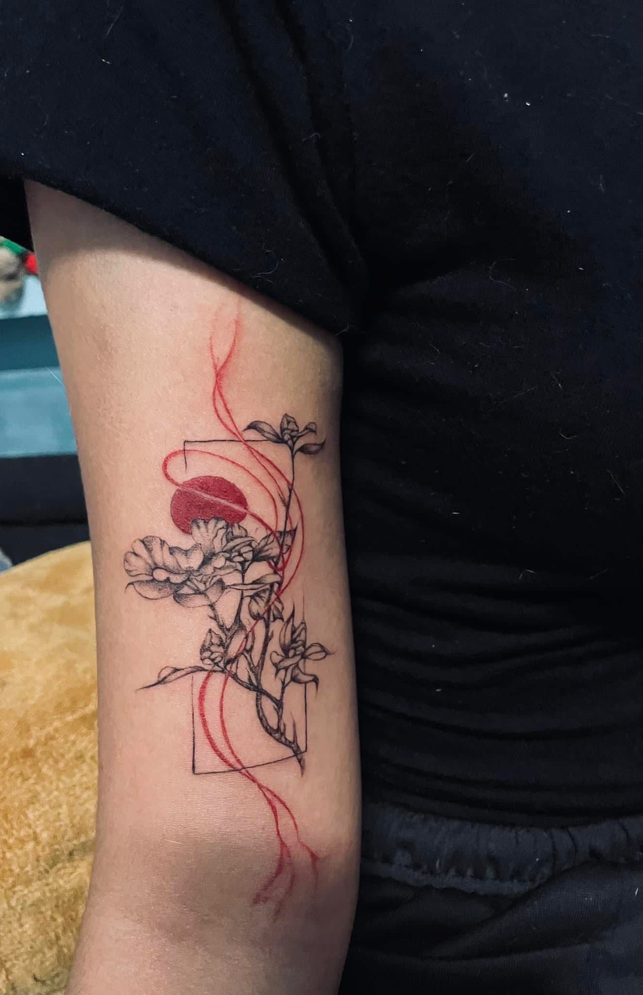 peony & red ribbon